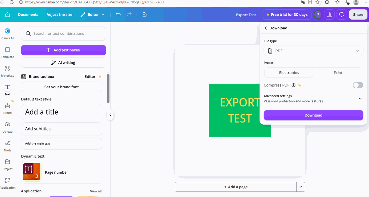 Canva Download panel for PDF showing Electronics and Print presets, Compress PDF switch and Advanced settings