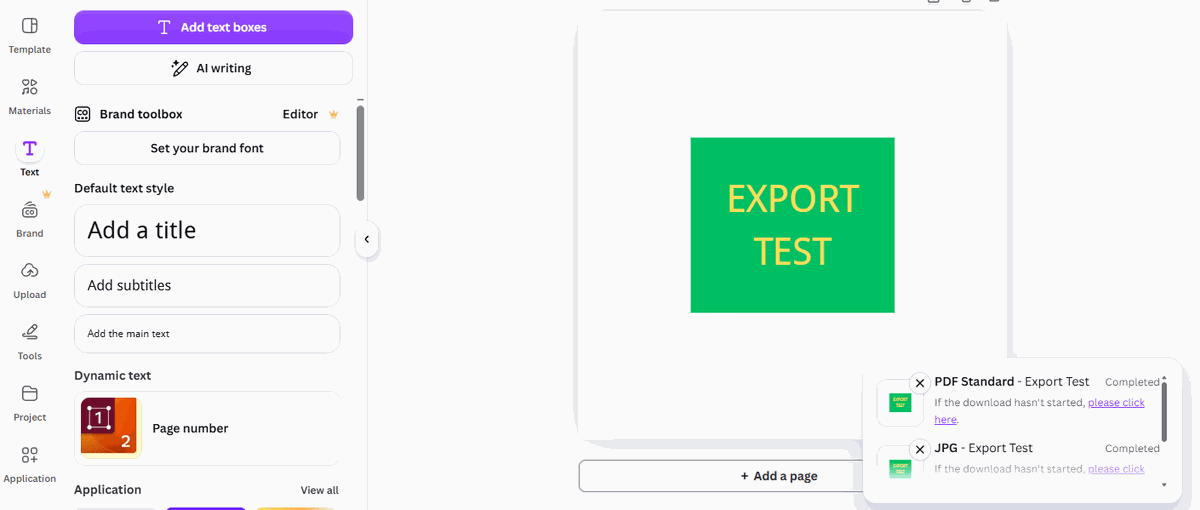 Canva showing PDF Standard export completed notification in the corner of the editor