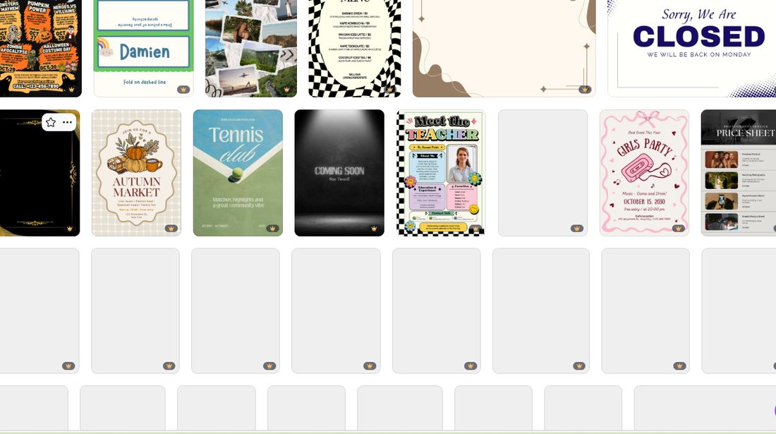 Further down the Canva flyer template list almost every card shows a crown badge, including unloaded placeholders