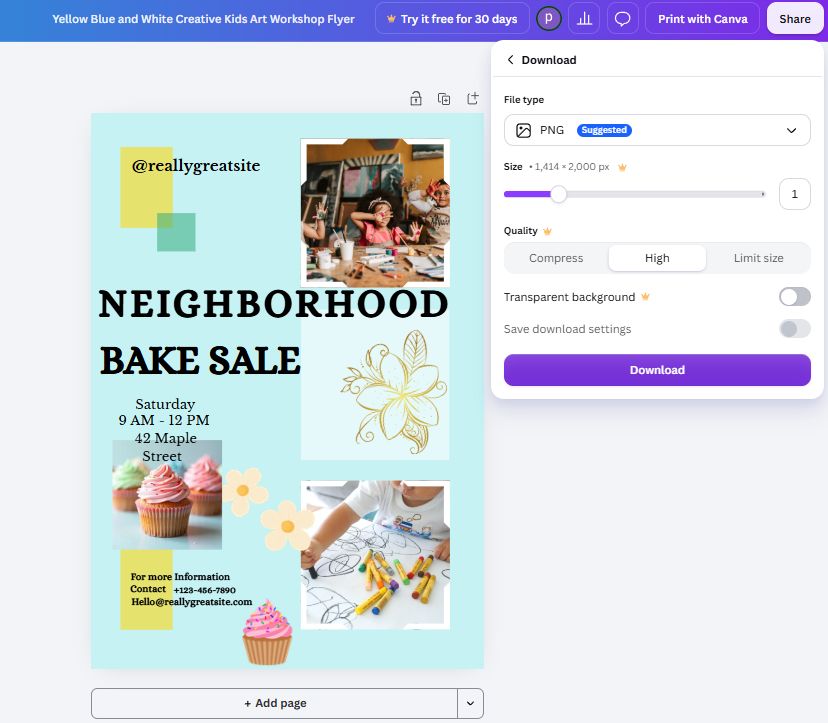 Canva download panel with crown markers on size and transparent background options