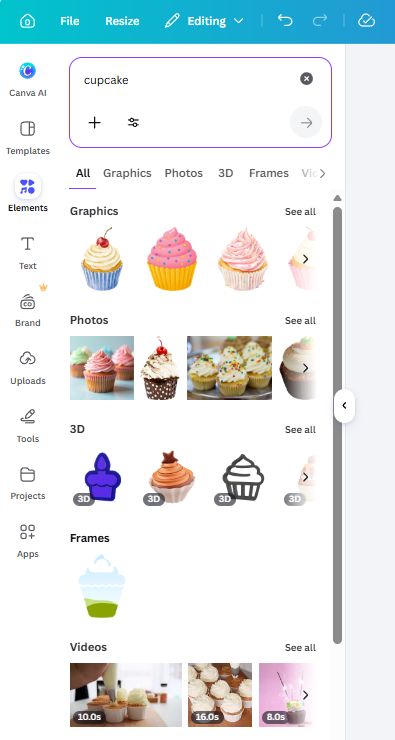 Canva Elements panel showing cupcake search results with free and Pro options