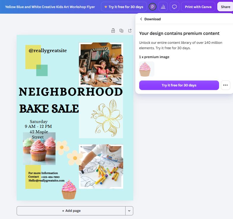 Canva blocking download with the message Your design contains premium content