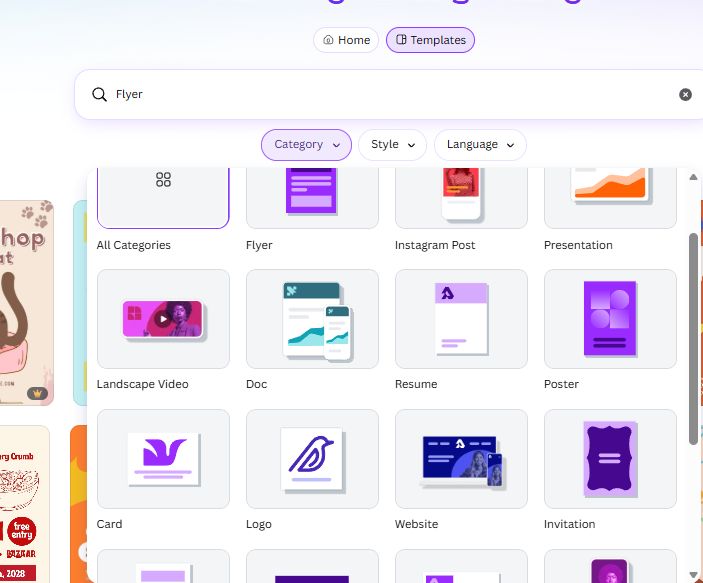 Canva template search filters showing only Category, Style and Language — no price filter