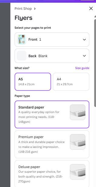 Canva Print configuration showing only A5 and A4 paper sizes