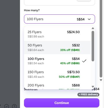 Canva Print quantity dropdown showing flyer pricing from 25 to 200 copies