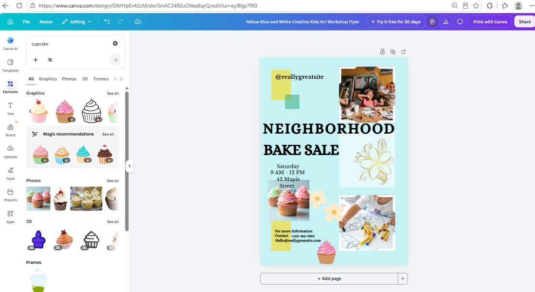 A crown-marked Pro cupcake element placed on the Canva flyer with no popup at all
