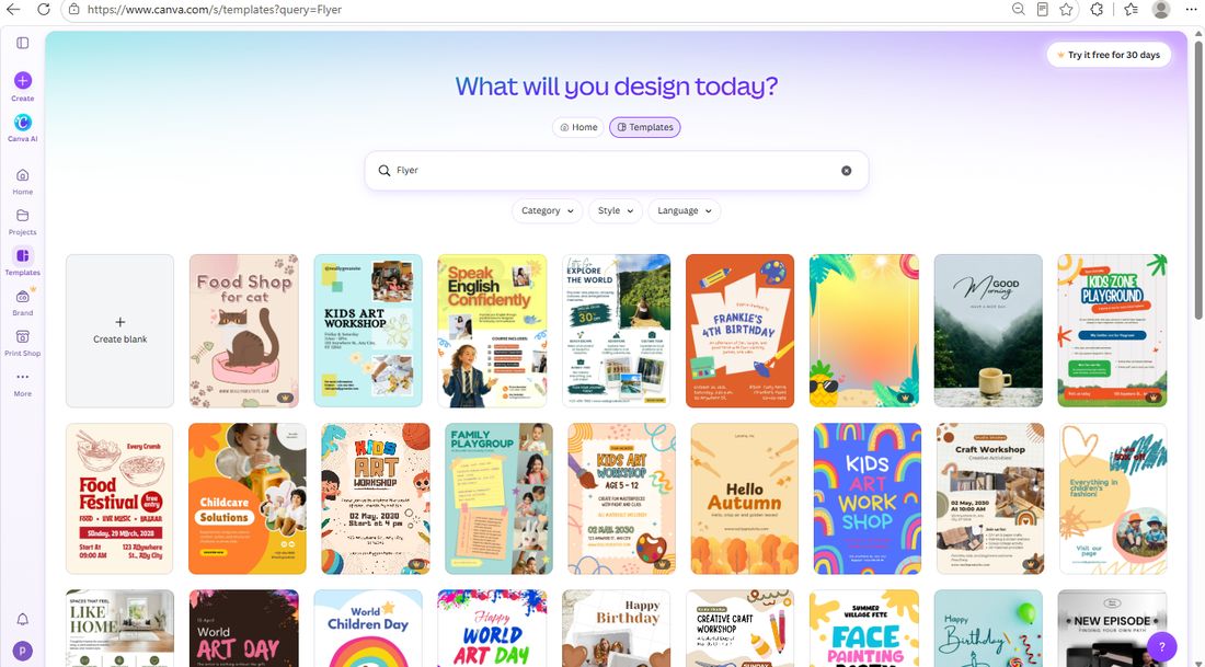Canva flyer template search results with crown badges on Pro templates