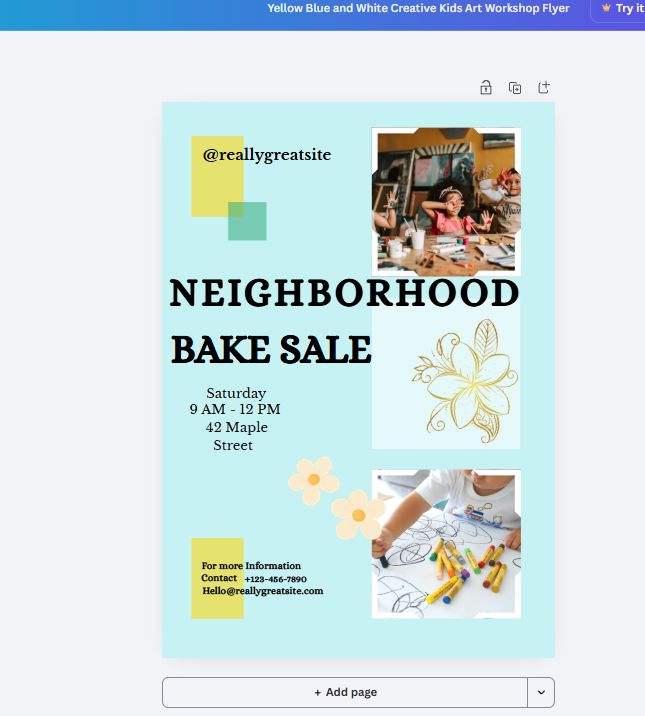 Canva flyer with headline edited to Neighborhood Bake Sale on a free account
