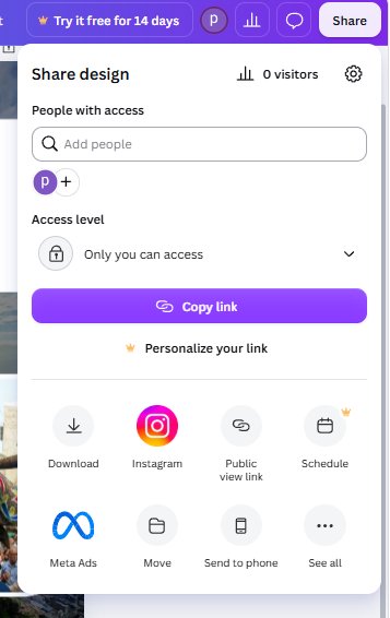 Canva Share menu showing Instagram button, Schedule button with crown badge, and Download option