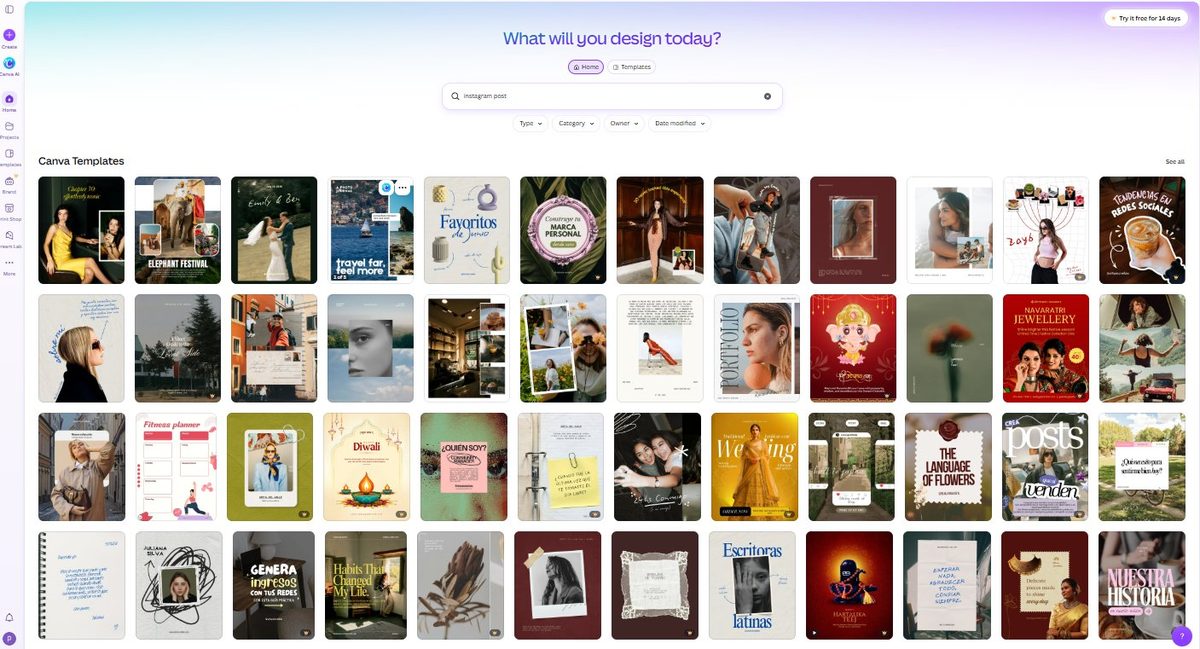 Canva search results for instagram post templates showing mostly free templates