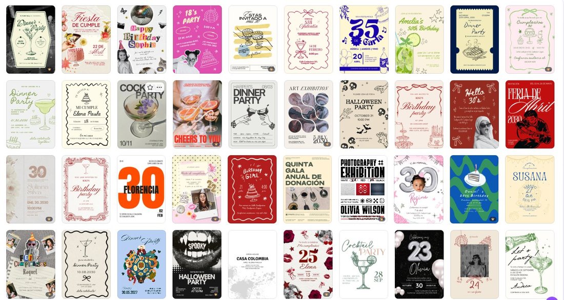 Canva invitation search results deeper down showing more Pro crowns