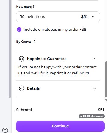 Canva invitation order panel showing envelopes for eight dollars, By Canva label and Happiness Guarantee