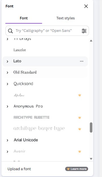 Canva font list showing multiple fonts marked with Pro crowns