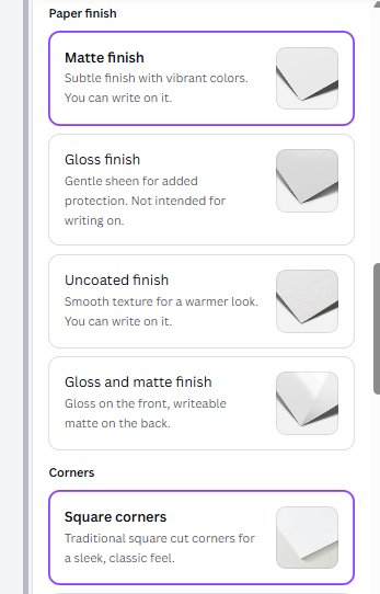 Canva invitation finishes: matte, gloss, uncoated and gloss-and-matte, plus square or rounded corners