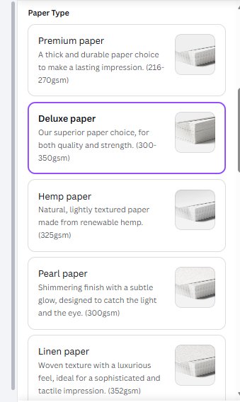Canva invitation paper types: Premium, Deluxe, Hemp, Pearl and Linen papers