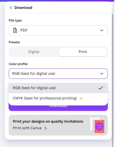 Canva PDF export panel with RGB free and CMYK marked with Pro crown