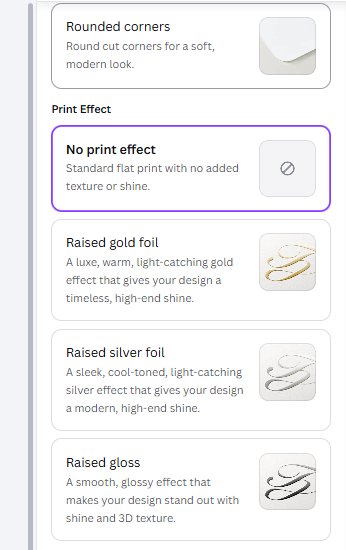 Canva print effects: none, raised gold foil, raised silver foil and raised gloss