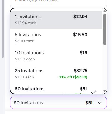 Canva invitation prices for 1 to 50 invitations from 12.94 to 51 dollars