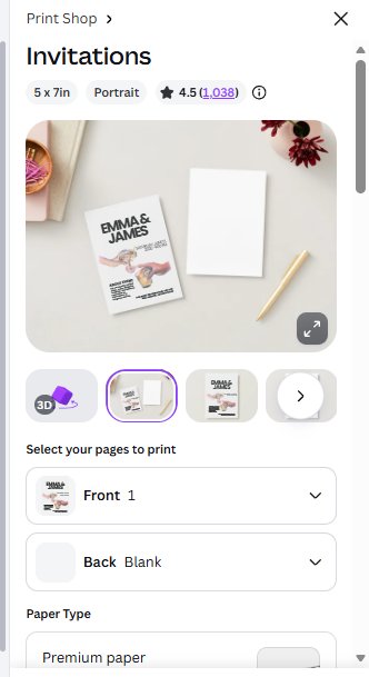 Canva invitation print panel showing front page and blank back selection