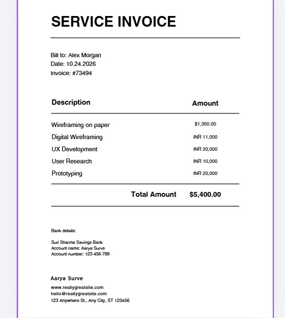 Edited Canva invoice with dollar amounts and new billing details