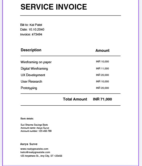 Canva invoice template with amounts in Indian rupees before editing