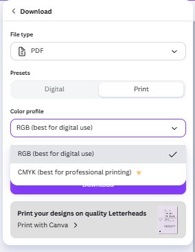 Canva color profile dropdown with RGB free and CMYK marked Pro
