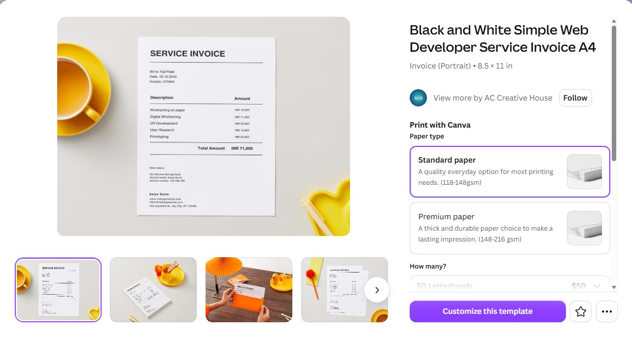 Canva print panel for invoice templates showing Letterheads category and 50 sheets for 50 dollars