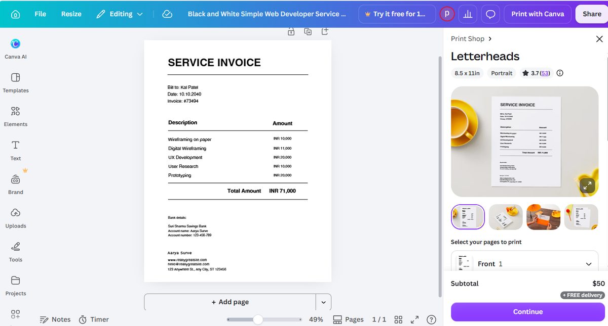 Canva print shop panel inside the editor showing Front 1 page selection and 50 dollar subtotal with free delivery