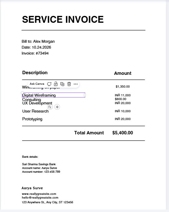 Duplicated Consulting text box overlapping the UX Development row in a Canva invoice