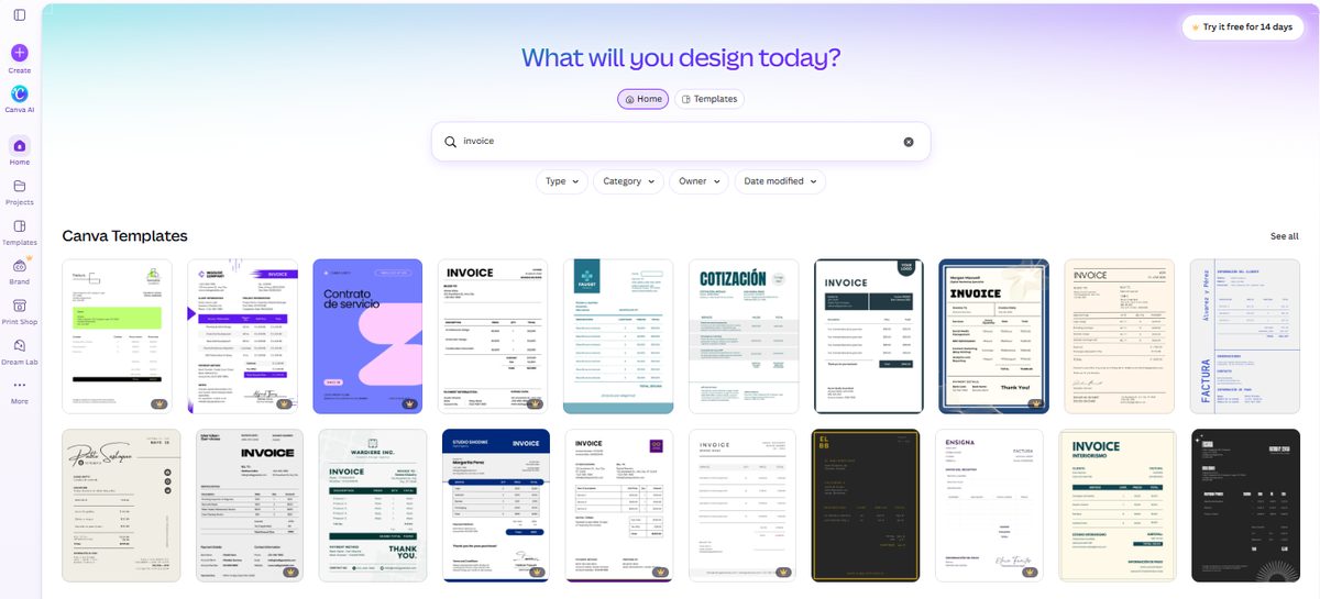 Same Canva invoice search refreshed minutes later showing 10 crowned templates in the first 20