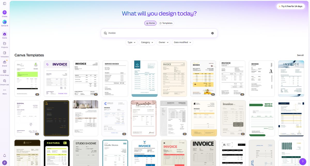 Canva invoice template search results with Pro crowns on several tiles