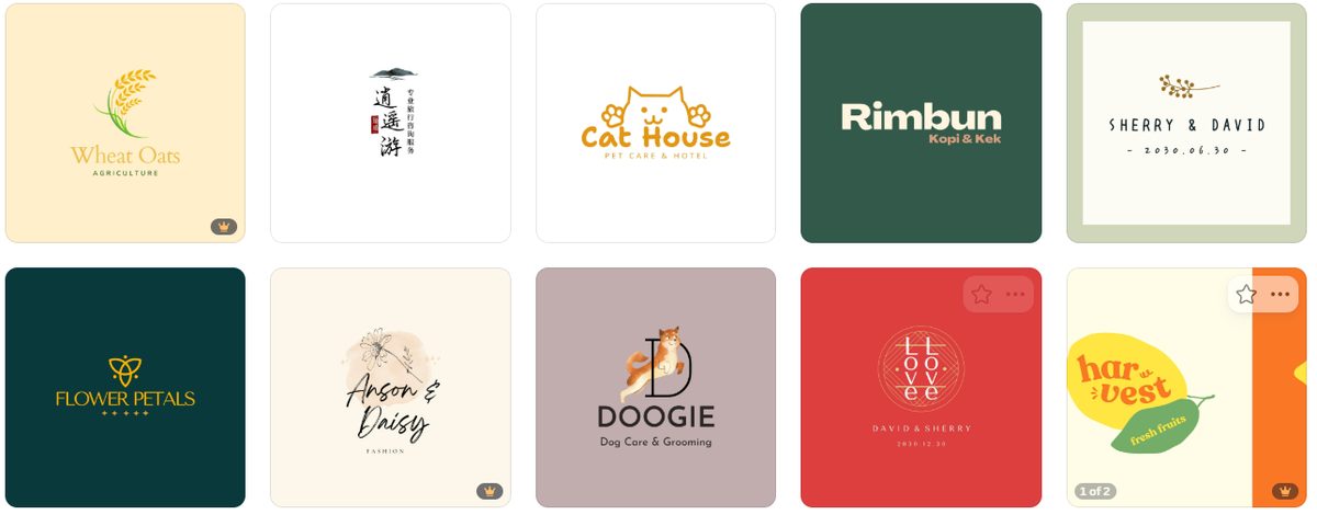 Canva logo template results with golden crown icons marking Pro-only templates