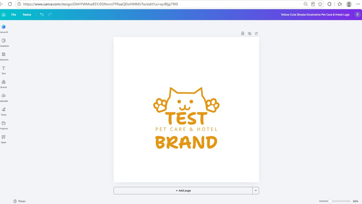Canva editor showing the template text changed to TEST BRAND on a free account