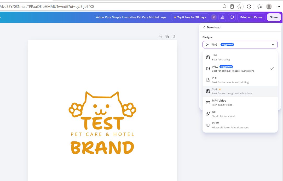 Canva file type menu showing the SVG option greyed out with a Pro crown