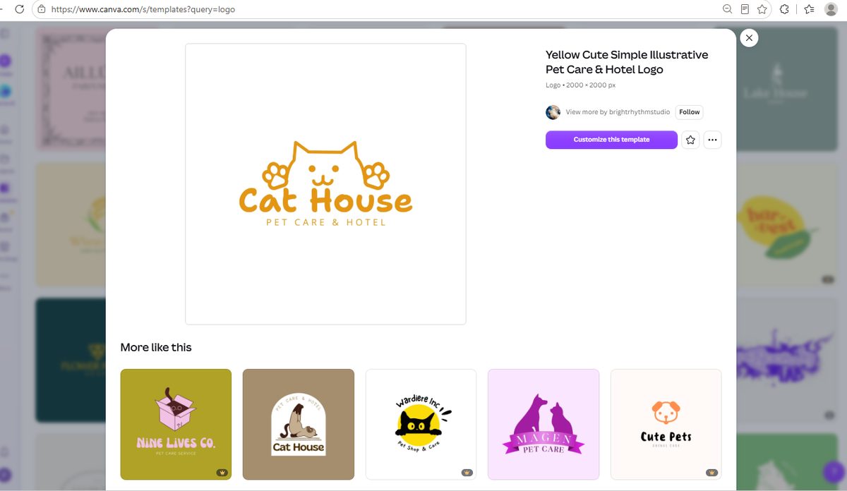 Cat House paw print logo template preview in Canva at 2000 x 2000 pixels