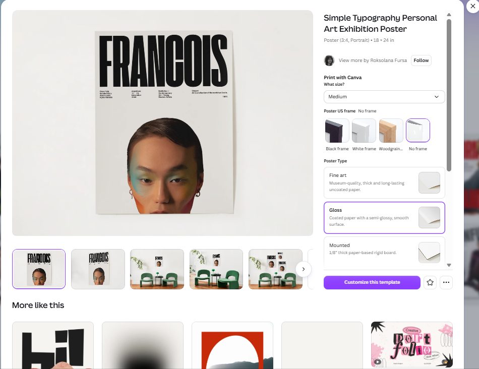 Canva poster print panel showing frames and paper types