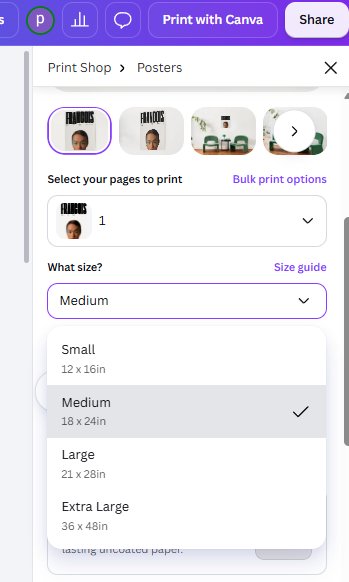 Canva poster size dropdown showing Small Medium Large Extra Large