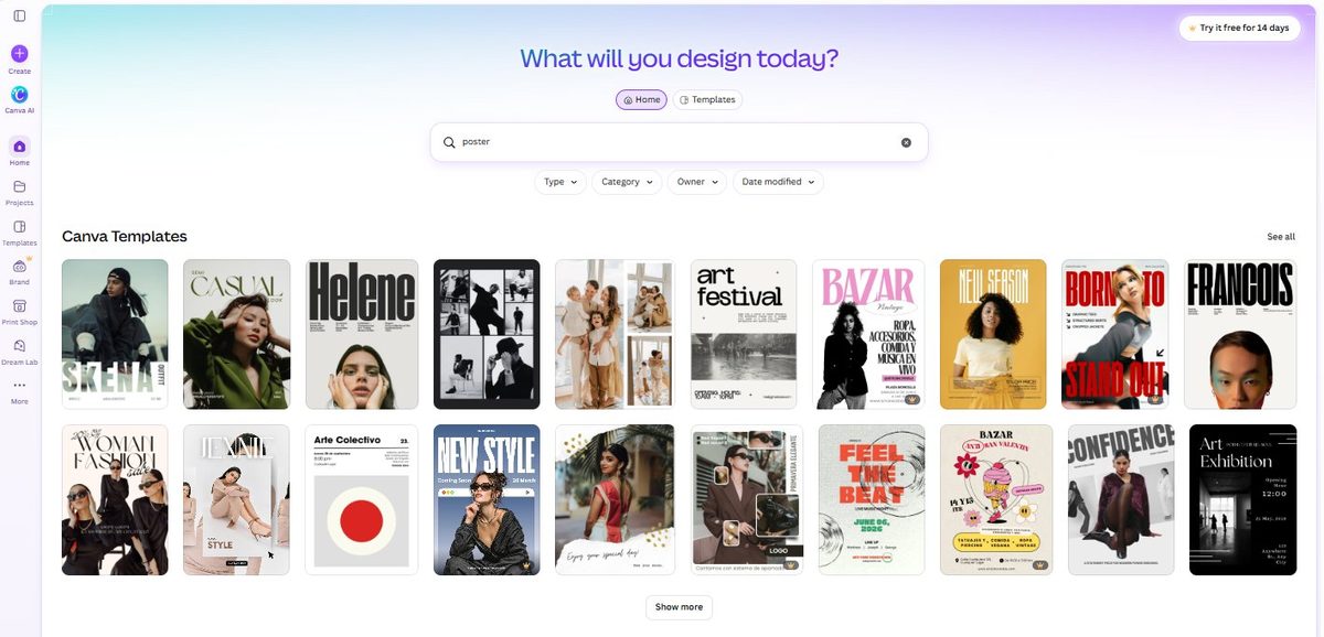 Canva search results for poster templates showing mostly free templates