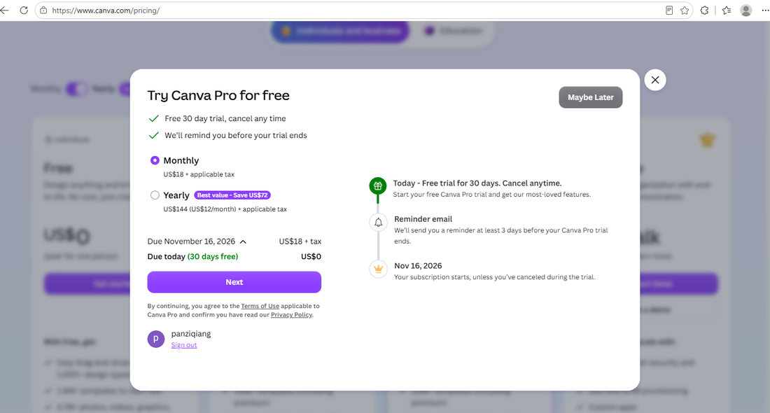 Canva Pro checkout dialog: 30-day free trial, US$0 due today, US$18 plus tax due November 16, 2026