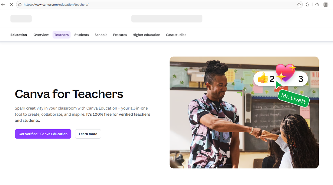 Canva for Teachers page: 100% free for verified teachers and students