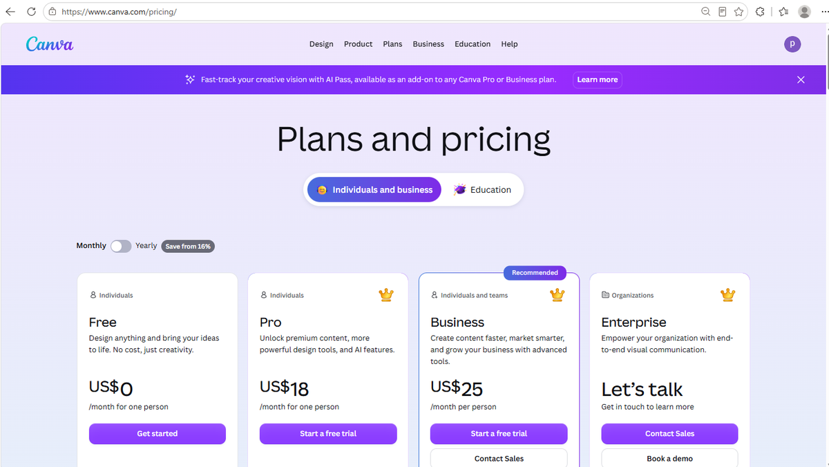 Canva pricing page with Monthly toggle: Pro US$18 per month, Business US$25 per month