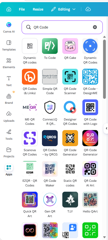 Canva Apps panel search results for QR Code, showing only third-party apps