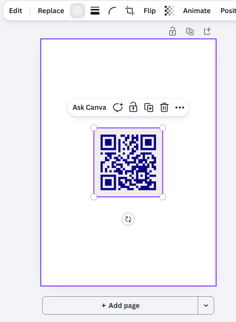 QR code on the Canva canvas with the background set back to white