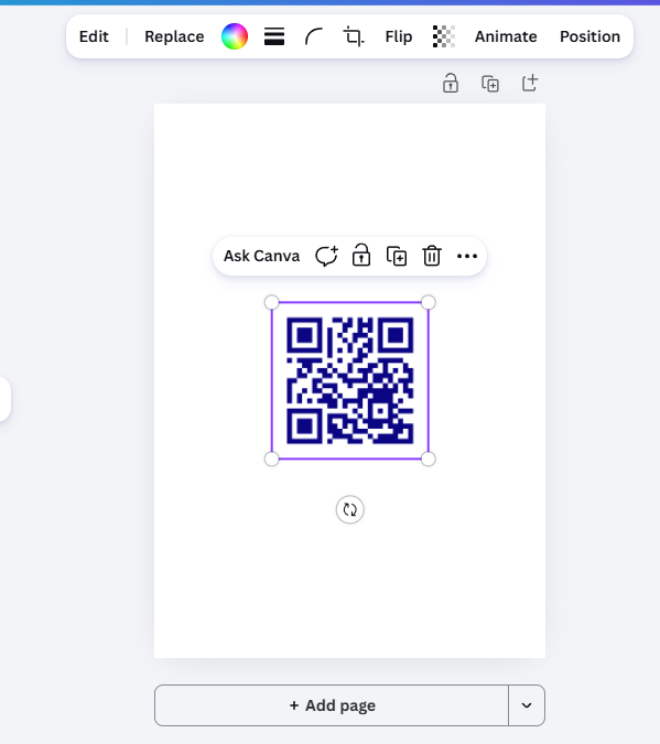 Canva editor toolbar for a placed QR code showing Edit, Replace and a colour disc