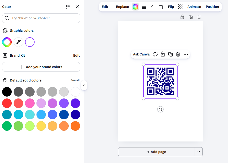 Canva colour panel open on a QR code showing Graphic colors, Brand Kit and default solid colors