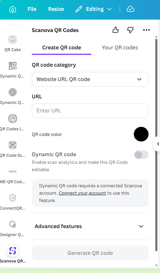 Canva QR app showing the Dynamic QR code toggle and a note that it requires a connected Scanova account
