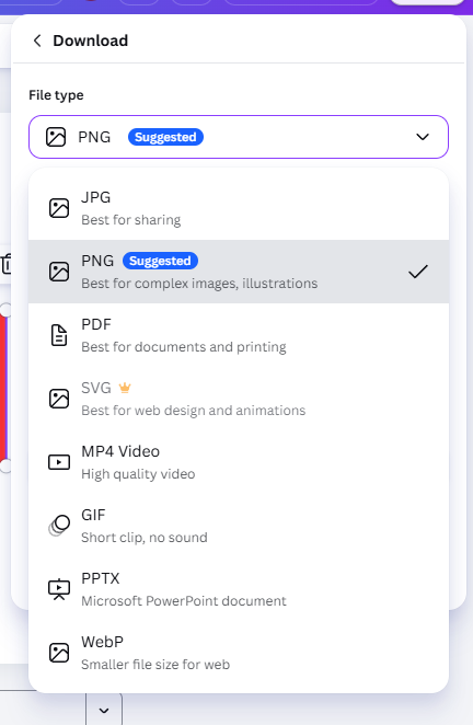 Canva file type menu showing PNG without a crown and SVG marked Pro