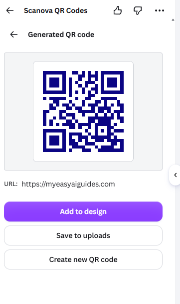 Generated navy QR code inside the Canva app panel with Add to design and Save to uploads buttons