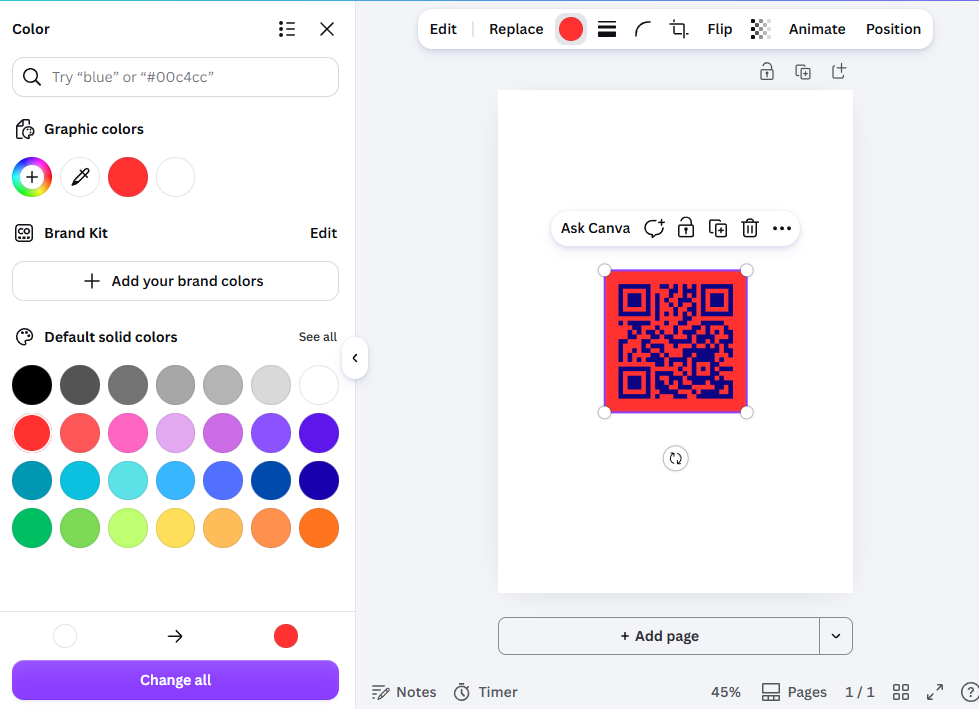 QR code on the Canva canvas after choosing red: the background turned red while the code dots stayed navy