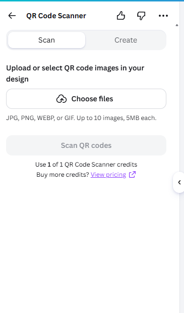 QR Code Scanner app in Canva showing one free credit and a prompt to buy more
